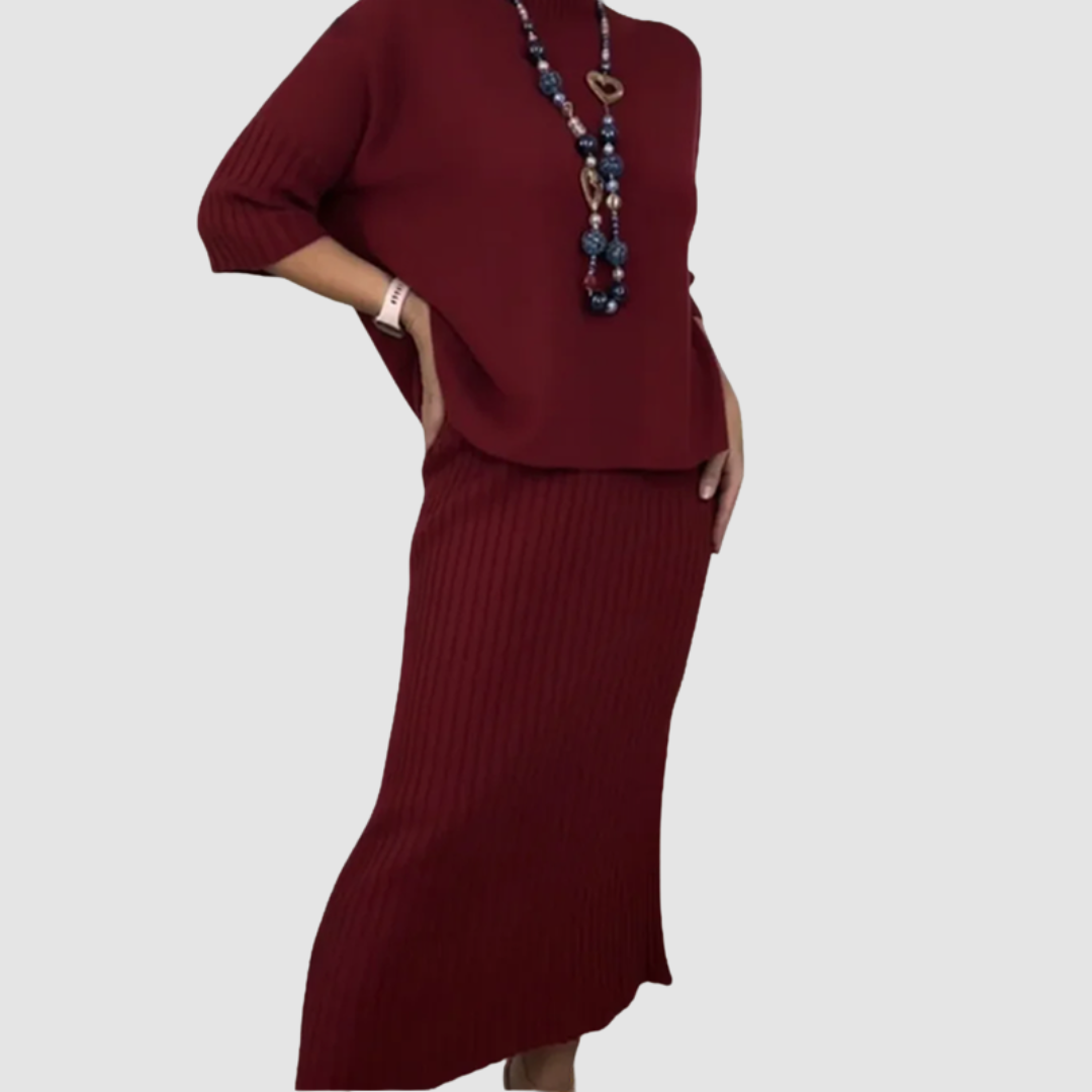 Delyssa™ Conjunto Elegante de 2 Piezas | Top Holgado y Falda Midi de Canalé