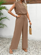 Zella™ Elegant Two-Piece Set | Lace-Trimmed Top and Wide-Leg Trousers