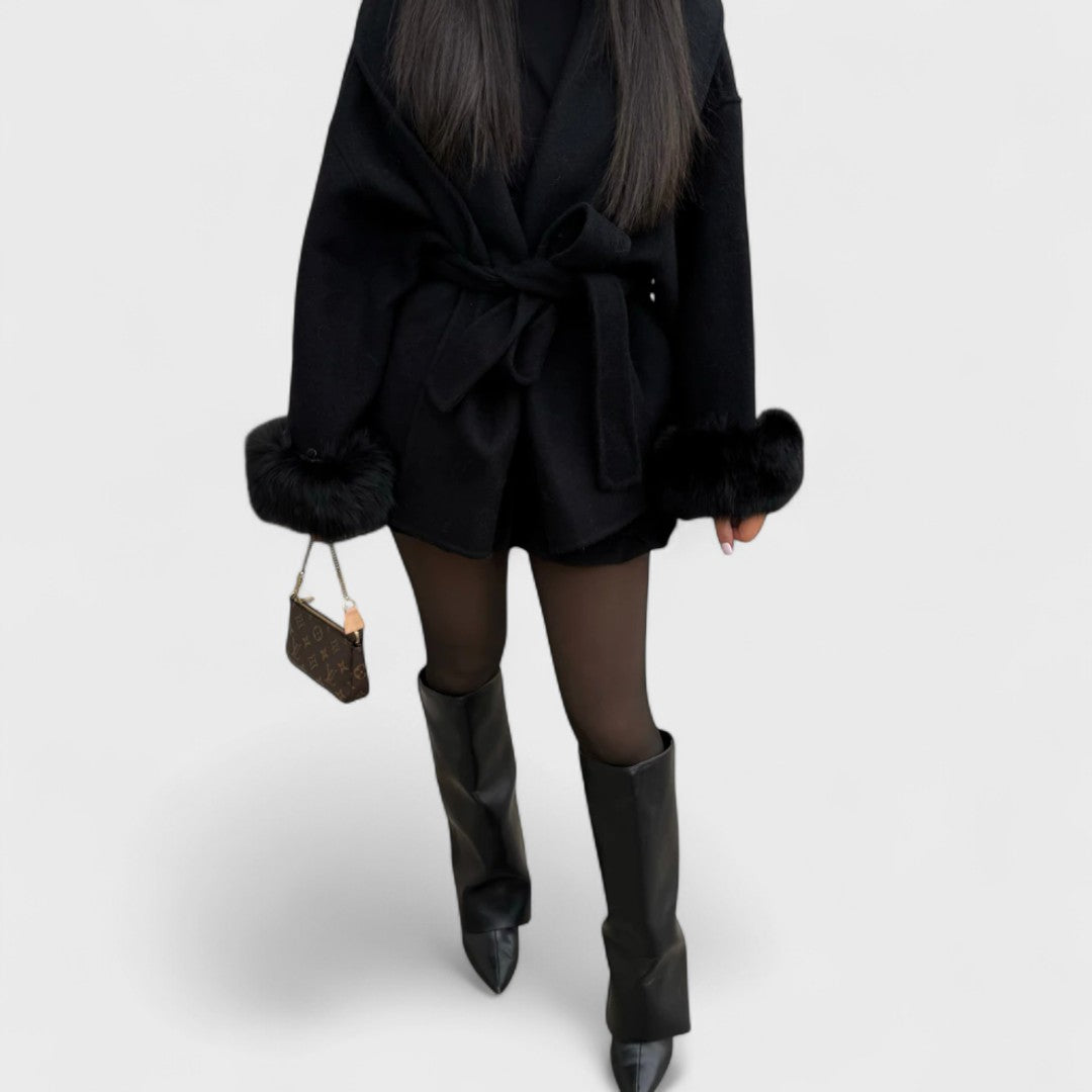 Beatrice |Elegant coat with fur belt and cuffs