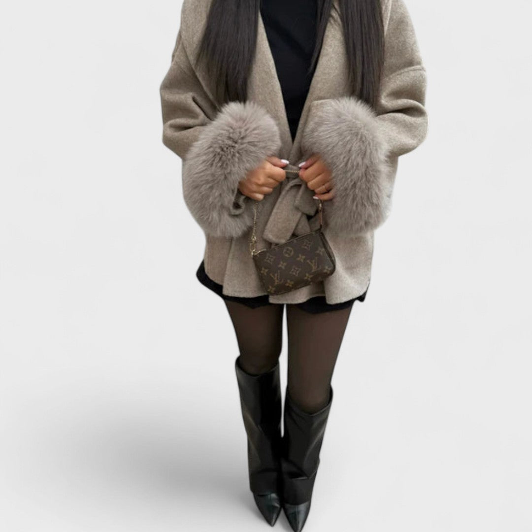 Beatrice |Elegant coat with fur belt and cuffs