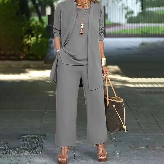 Laney™ Elegant Casual Three-Piece Set | Coordinated Top, Cardigan & Wide-Leg Trousers