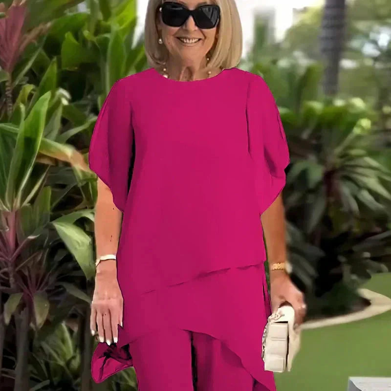 Conjunto elegante de dos piezas Herlene™ | Top en capas y pantalón de pierna ancha
