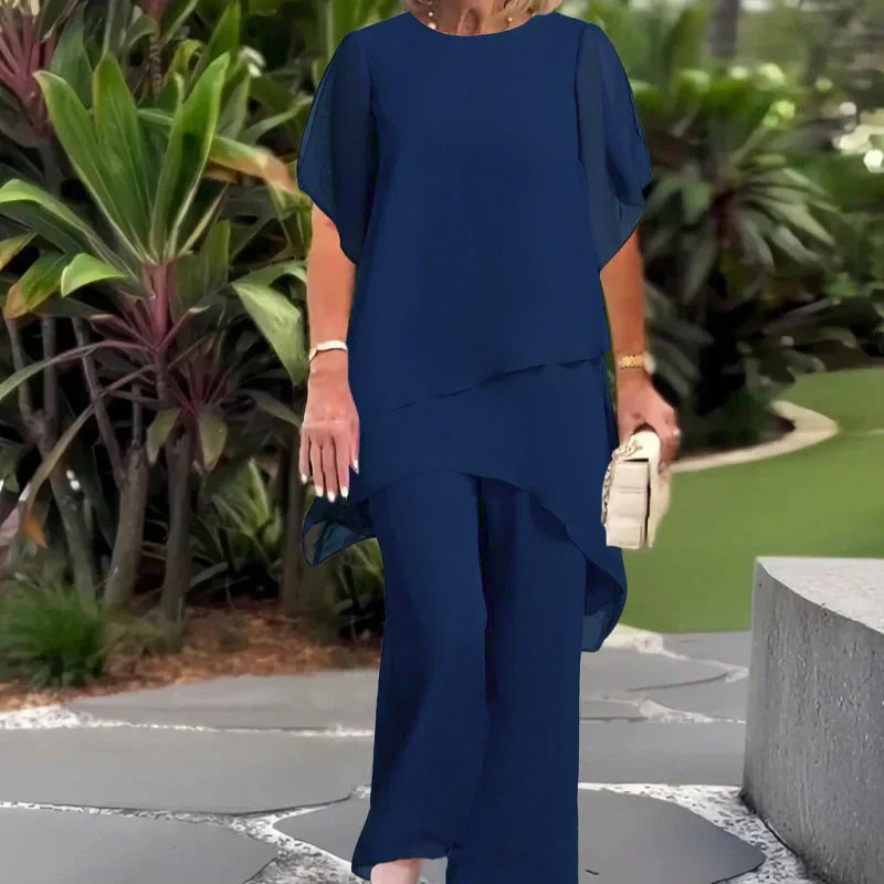 Conjunto elegante de dos piezas Herlene™ | Top en capas y pantalón de pierna ancha