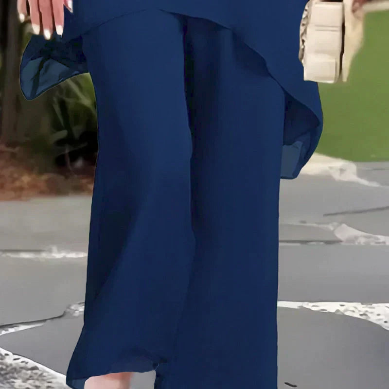 Conjunto elegante de dos piezas Herlene™ | Top en capas y pantalón de pierna ancha